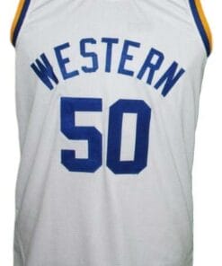 Alternative view of Neon Boudeaux #50 Western Blue Chips Movie Basketball Jersey White