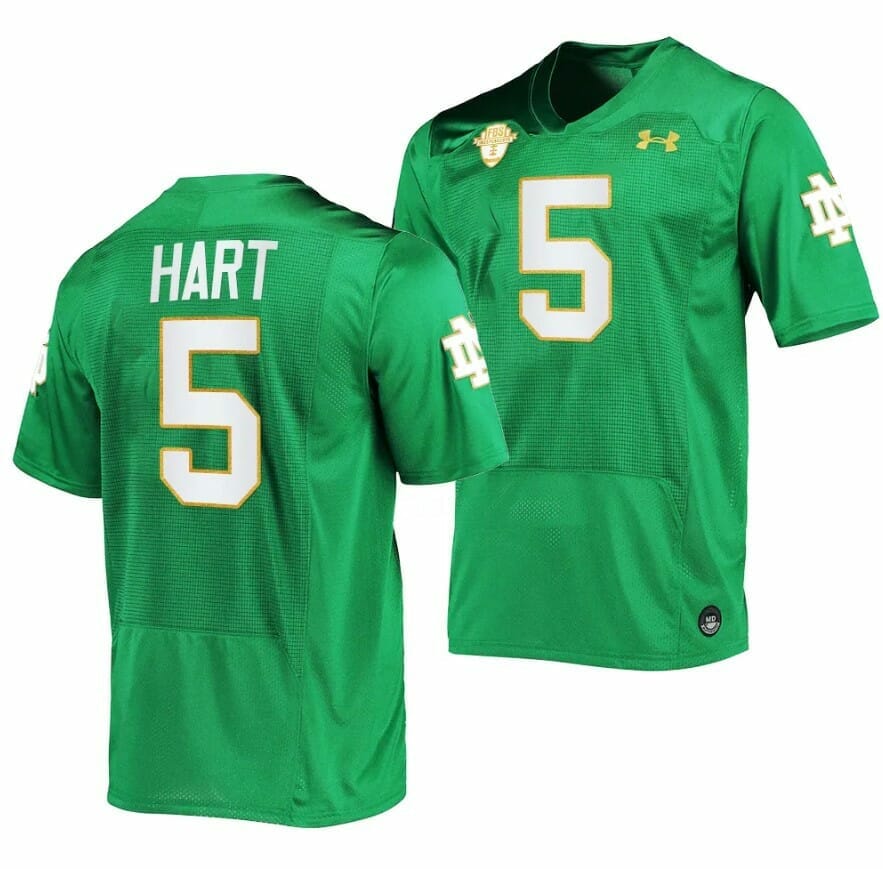 Notre Dame Fighting Irish Cam Hart Jersey #5 College Football Kelly Green 2023