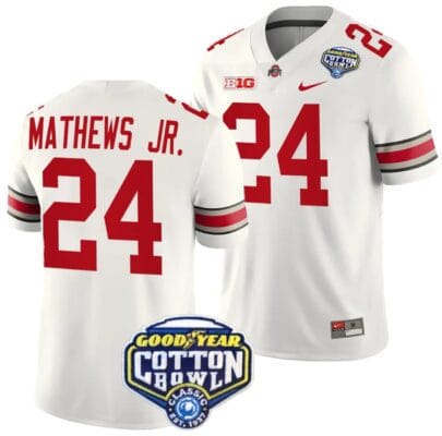 Jermaine Mathews Jr Jersey #24 Ohio State Buckeyes Cotton Bowl Patch 2023 Football White