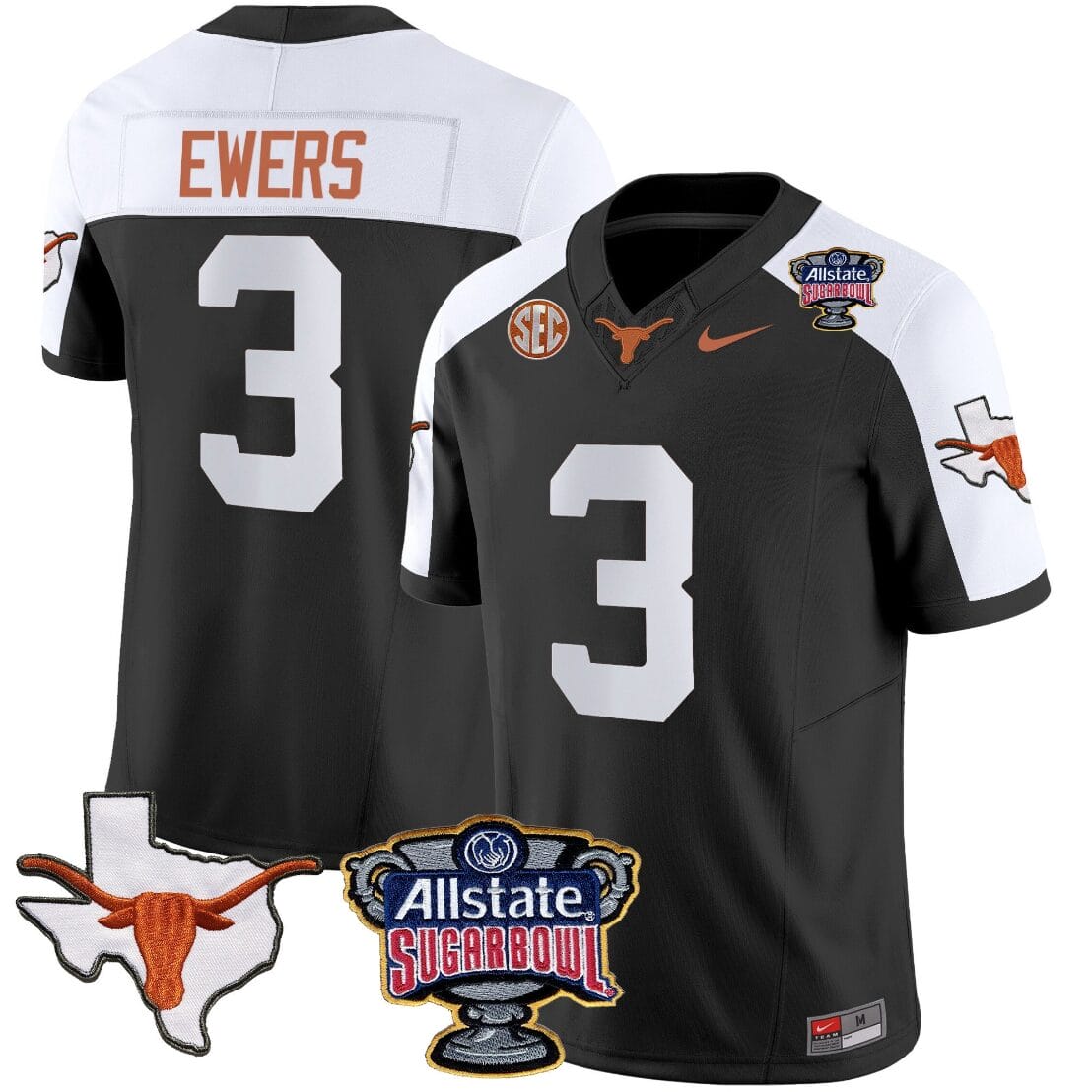 Quinn Ewers Jersey #3 Texas Longhorns Sugar Bowl Patch Vapor Football Black Alternate
