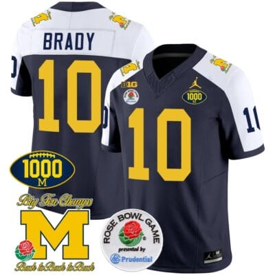 Tom Brady Jersey #10 Michigan Wolverines Vapor Stitched 1000 Wins Rose Bowl Patch Alternate