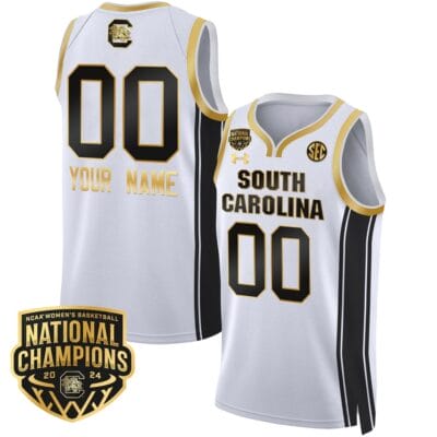 Custom South Carolina Gamecocks Basketball Jersey Name and Number 2024 National Champions All Stitched White Gold
