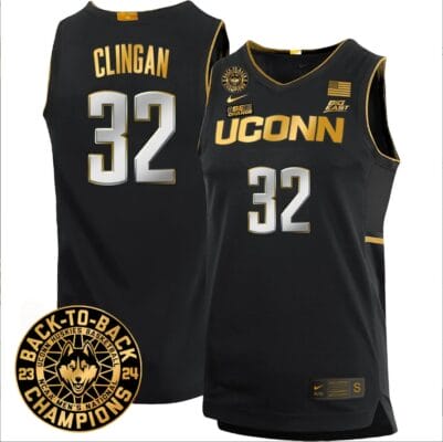 Donovan Clingan Jersey #32 UConn Huskies Basketball 2024 Back To Back Champions Patch Black Gold