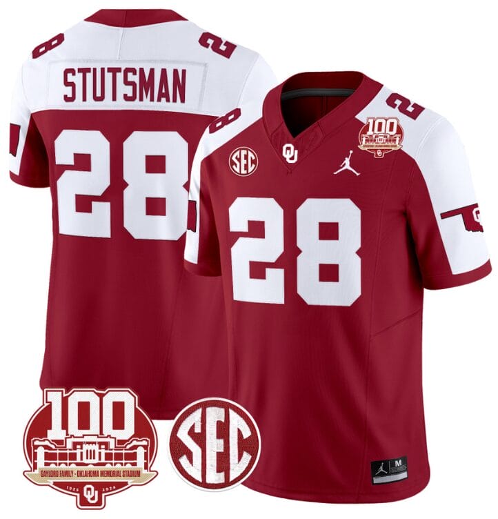 Danny Stutsman Jersey #28 Oklahoma Sooners 100th Anniversary Patch Vapor Limited College Football Stitched Crimson Alternate