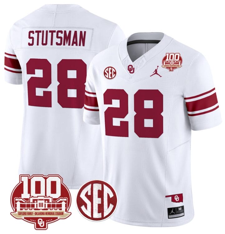 Danny Stutsman Jersey #28 Oklahoma Sooners 100th Anniversary Patch Vapor Limited College Football Stitched White