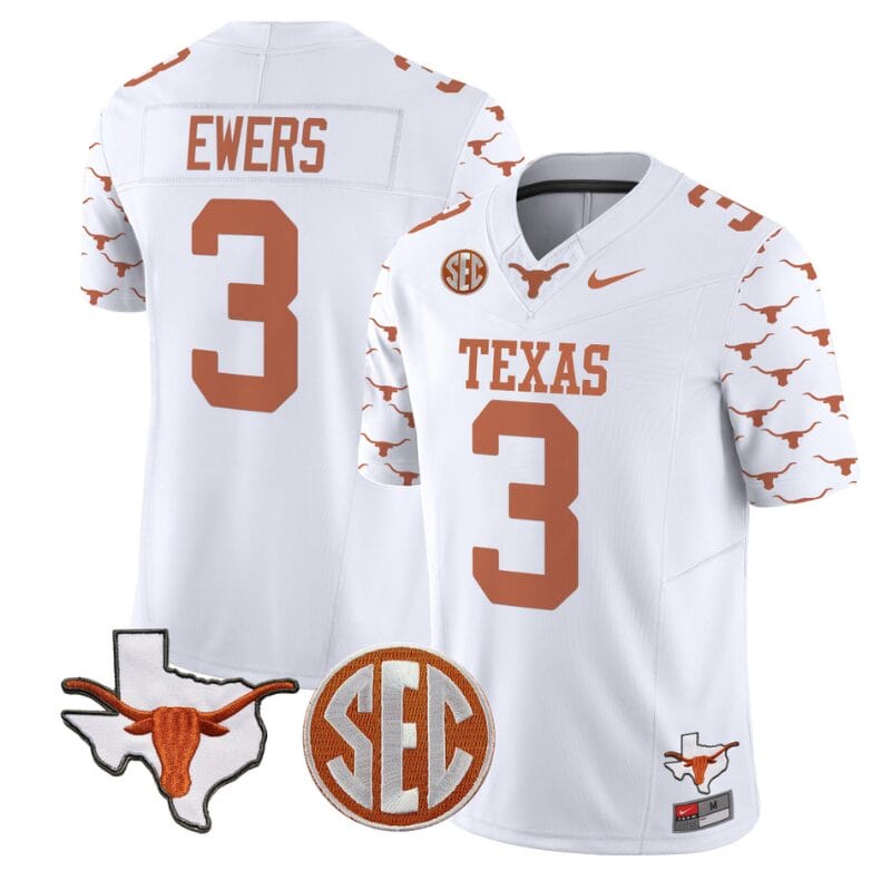 Quinn Ewers Jersey #3 Texas Longhorns State Map and Sec Patch Vapor Limited College Football Stitched White