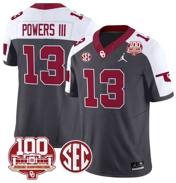 Reggie Powers III Jersey #13 Oklahoma Sooners 100th Anniversary Patch Vapor Limited College Football Stitched Anthracite Alternate