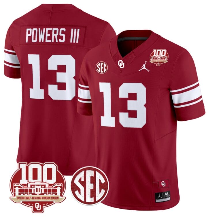 Reggie Powers III Jersey #13 Oklahoma Sooners 100th Anniversary Patch Vapor Limited College Football Stitched Crimson