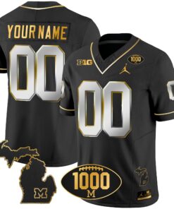 Alternative view of Michigan Wolverines 1000 Wins Patch Gold Custom Jersey V2 - All Stitched