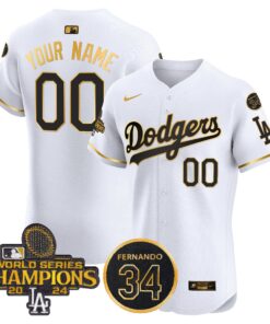 Alternative view of Dodgers 2024 World Series Champions Gold Trim Vapor Premier Elite Custom Jersey V2 - All Stitched