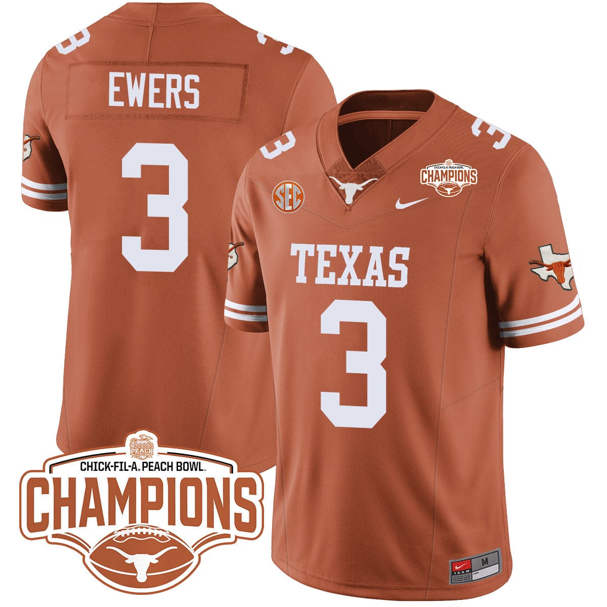 Texas Longhorns 2024 Peach Bowl Champions Jersey - All Stitched - Image 12