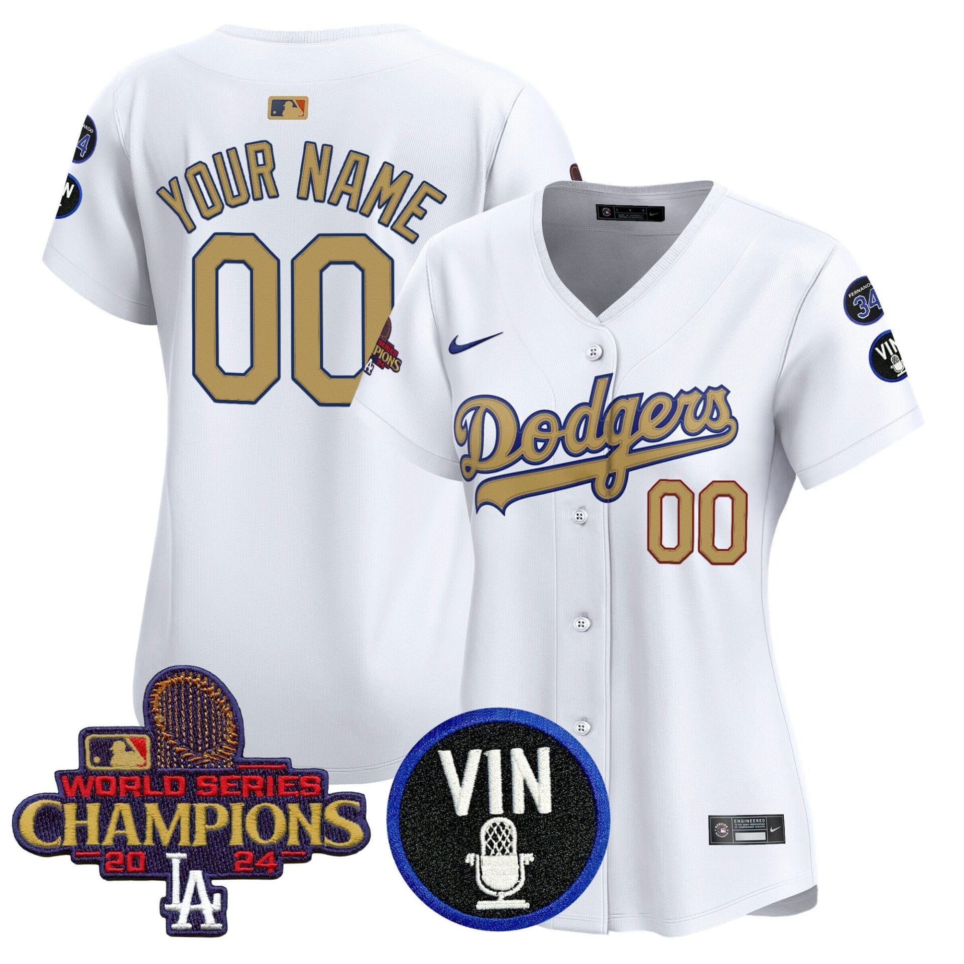 Dodgers 2025 Vin Scully & #34 Fernando Patch Gold Vapor Premier Limited Custom Jersey - All Stitched - Image 6