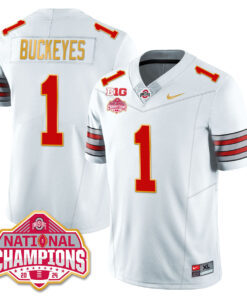 Alternative view of Ohio State Buckeyes 'Heritage Stripe' 2025 CFP Patch - National Champions Gold Jersey - All Stitched