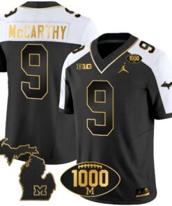 Michigan Wolverines 1000 Wins Patch Gold Jersey V2 - All Stitched
