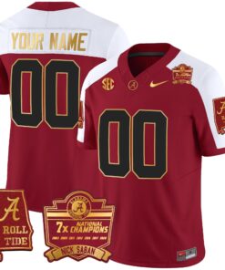 Alternative view of Alabama Crimson Tide Nick Saban 7x Champions Patch Gold Trim Custom Jersey - All Stitched