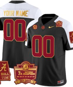 Alabama Crimson Tide Nick Saban 7x Champions Patch Gold Trim Custom Jersey - All Stitched