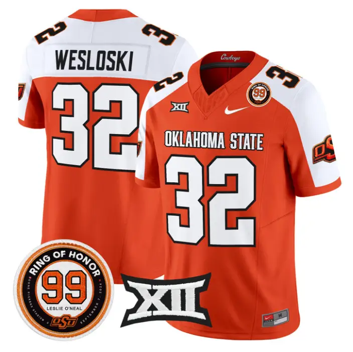 Ethan Wesloski Jersey #32 Oklahoma State 2026 Leslie O'neal Stitched by My Store NCAA Football Jerseys