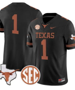 Team Jersey #1 Texas Longhorns 2026 Map and SEC Patch Stitched by My Store NCAA Football Jerseys