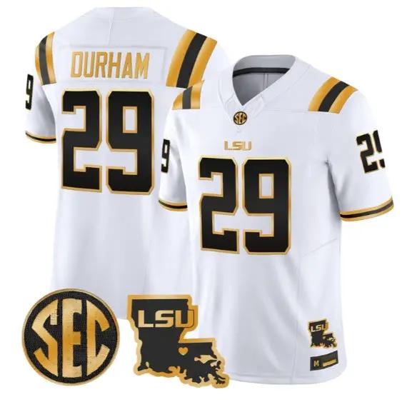 Caden Durham #29 LSU Tigers 2026 Louisiana Patch Gold Vapor Stitched by My Store NCAA Football Jerseys