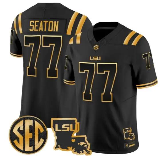 Jordan Seaton #77 LSU Tigers 2026 Louisiana Patch Gold All Stitched by My Store NCAA Football Jerseys