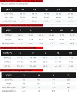Baseball jersey size chart for men's Flex Base and Cool Base, women's and youth sizes in inches